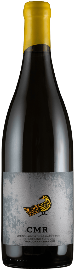 Bočica vina CMR Chardonnay s žutom kapom i etiketom s pticom.