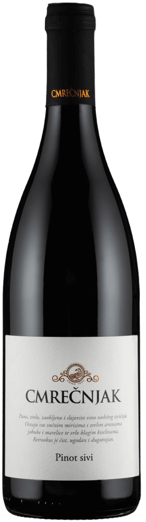 Bočica bijelog vina Pinot sivi iz Cmrečnjaka, elegantan dizajn etikete.