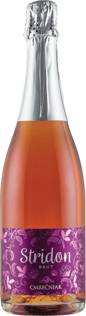 Rosé pjenušac Stridon od pinota crnog u boci s ljubičastom etiketom.