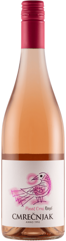 Bočica rosé vina Cmrečnjak Pinot crni s ružičastom kapicom.