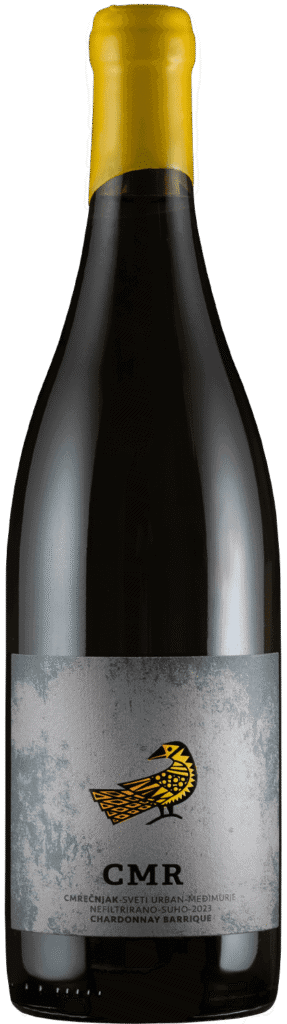 Bočica vina CMR Chardonnay s žutom kapom i etiketom s pticom.