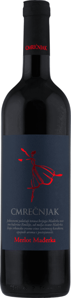Crno vino Cmrečnjak Merlot s etiketom s crvenim i plavim detaljima.