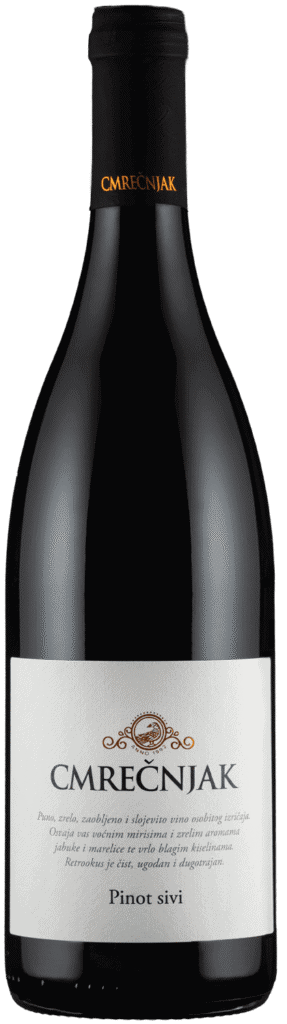 Bočica bijelog vina Pinot sivi iz Cmrečnjaka, elegantan dizajn etikete.