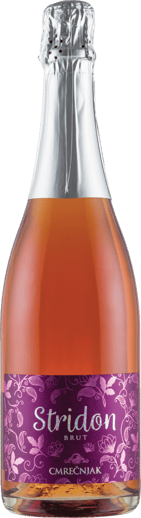 Rosé pjenušac Stridon od pinota crnog u boci s ljubičastom etiketom.