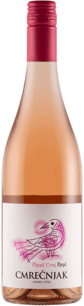 Bočica rosé vina Cmrečnjak Pinot crni s ružičastom kapicom.