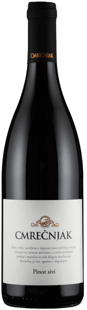 Bočica bijelog vina Pinot sivi iz Cmrečnjaka, elegantan dizajn etikete.