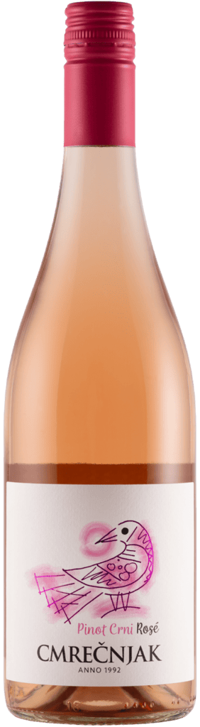 Bočica rosé vina Cmrečnjak Pinot crni s ružičastom kapicom.
